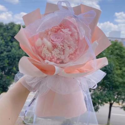 China 100% Real Preserved Flower New Style Immortal Flower Natural Preserved Flower Hand Made Bouquet Rose Pampas Grass Rabbit Tail Grass Mix Flower Palm Leaf Bouquet for sale