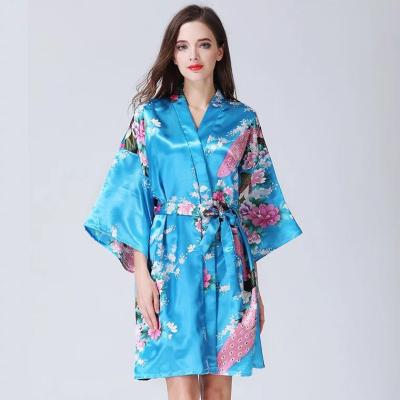 China Imitationsilk Women's Silk Pajamas Bathrobes Women's Silk Pajamas Breathable Summer Nightgown Simple Home Wear Printed Long Nightgown for sale