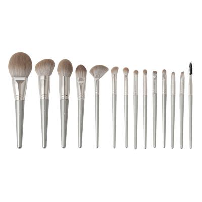 China Angular Blush 14 Pcs High Quality Synthetic Hair Makeup Hot Selling Silver Wood Brush Set for sale