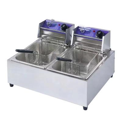 China Fast Food Restaurant Table Top Stainless Steel French Fries Machine 2 Tank 2 Basket Commercial Potato Chip Fryer Electrical Deep Fryer for sale