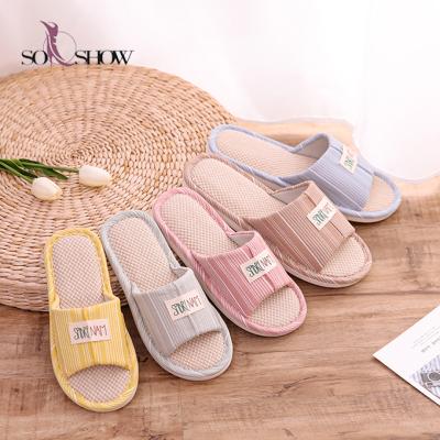 China 2021 Anti-slip Japanese Korean Style Linen Striped Slippers Home Indoor Summer Slippers Men Women Shoes Couples New Floor Sho for sale