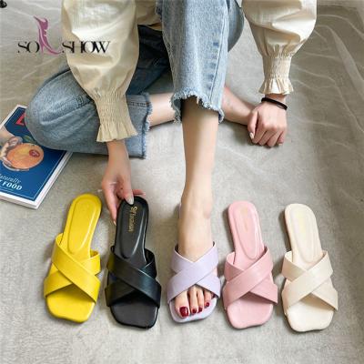 China Wholesale hot sale China trend fashion simple casual girl slippers colorful PU slippers for women and ladies for sale