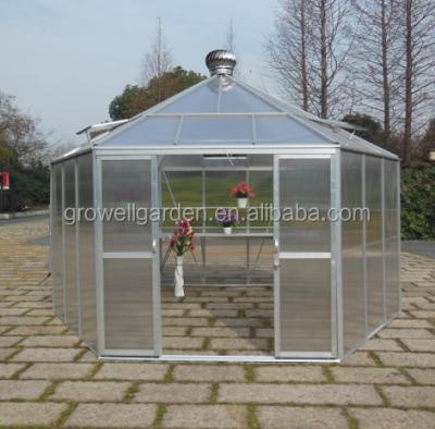 China 4mm Tempered Glass Greenhouse 13 m2 Large Customer Easily Assembled Hexagonal Strong Aluminum Frame Without Reservation for sale