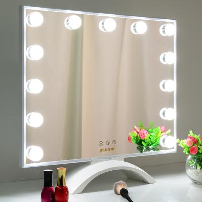 China Custom Long Size Logo Makeup Desk Face Lighted Cosmetic Dresser Vanity Large Lighted Salon Mirror With Led Lights Lamp for sale