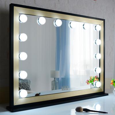 China 14 Lighted Led Bulbs Tinted Shell Make Up Small Square Black Metal Gold Makeup Position Salon Mirror for sale