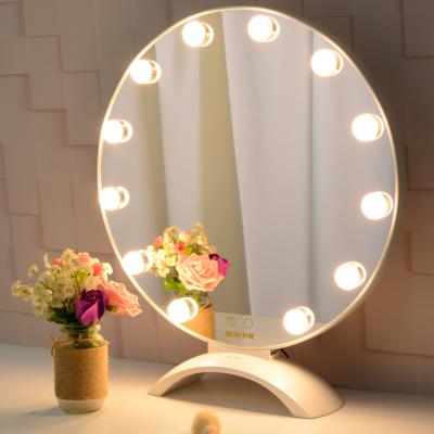 China Lighted White Metal Frame 100 Gold Led Light Makeup Round Small Pink Hollywood Mirror With Bulbs for sale