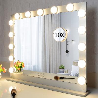 China Silver Lighted Vanity Table Washroom Mirror Touch Screen LED Light Hollywood Makeup Mirror for sale