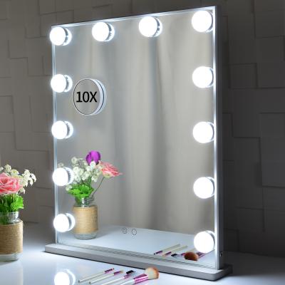 China Hair Salon Dressing Table Touch Sensor Switch Lighted Hollywood Makeup Silver Decorative Mirror With 12 Dual Color Bulbs Vertical Design for sale