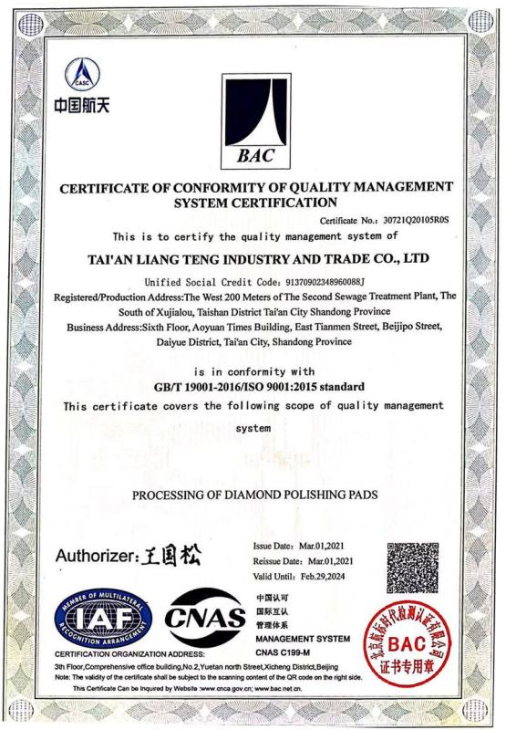 ISO9001 - Taian Liang Teng Industry And Trade Co., Ltd.