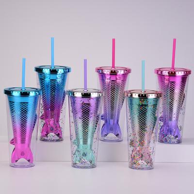 China Viable Wholesale Plastic Drink Cups Glitter Gradient Mermaid Double Wall Plastic Cups With Lids And Straws for sale