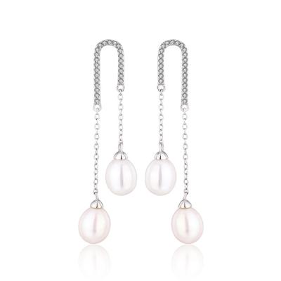 China TRENDY Fashionable 925 sterling silver waterdrop freshwater pearl drop long chain dangle zircon earrings for sale