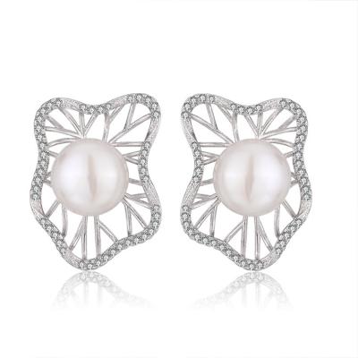 China Vintage 925 sterling silver zircon moissanite flower hoop big pearl studs earrings for women for sale