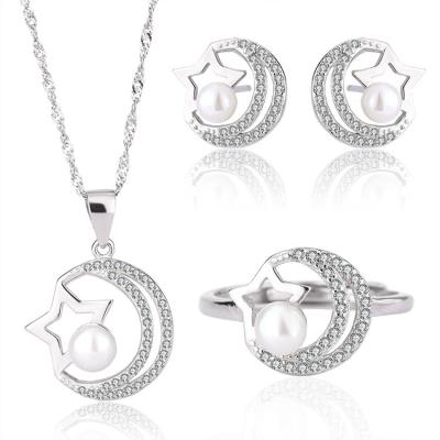 China TRENDY Women luxury fine jewelry gift 925 silver ring moon star pearl pendant necklace earrings set for sale