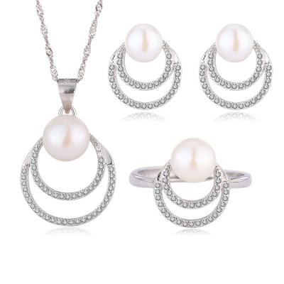 China TRENDY Wholesale fashion silver pearl ring earrings and necklace pendant jewelry set for sale