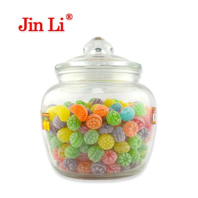 China Natural fruit shape hard candy with sugar powder in bottles for sale