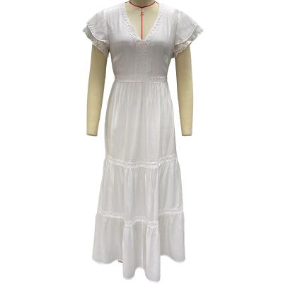 China Free Sample Breathable Trending 2022 Women White Ruffle Sleeve Turkey Ladies Dresses Lace Up A Line Maxi Boho Casual Beach Cotton Zim Dress for sale