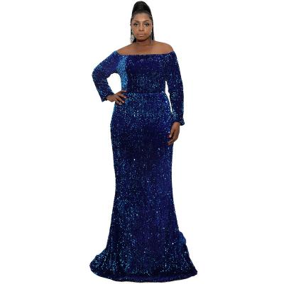 China 2021 Plus Size Indian Bride Dress Nine Shoulder Clog Evening Dress Sequins Evening Dress Anti-Wrinkle Mesh Night Dress for sale