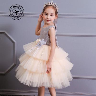 China Beautiful England Bow Bridesmaid 3D Flower Wedding Dress UK Boho Sequins Beaded Princess Style Dress Cream Bridesmaid Ruffles Flutter Dress for sale