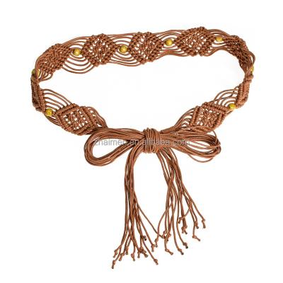 China Party Wedding Gift Banquet Christmas Brown Boho Braided Fringe Belt Women with Tassel and Beads Exotic Women Waist Belt Metal fashion  bweave belt RTS for sale