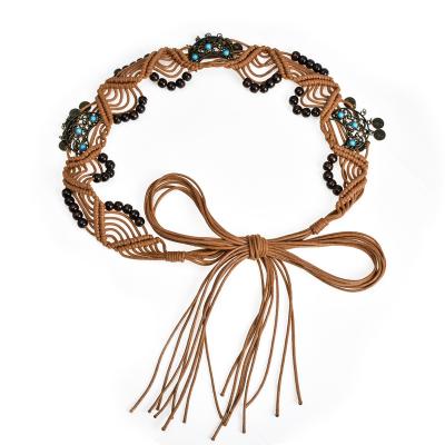 China Party Wedding Gift Banquet Christmas Brown Boho Braided Fringe Belt Women with Tassel and Beads Exotic Women Waist Belt Metal fashion  bweave belt RTS for sale