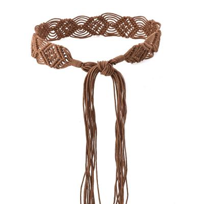 China Party Wedding Gift Banquet Christmas Brown Boho Braided Fringe Belt Women with Tassel and Beads Exotic Women Waist Belt Metal fashion  bweave belt RTS for sale