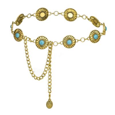 China Fashion.Casual Western Concho Chain Belt for Womens Wide Metal Chain Golden Belt Daisy Sweater Belt Decorated Skinny Stone Waist for sale