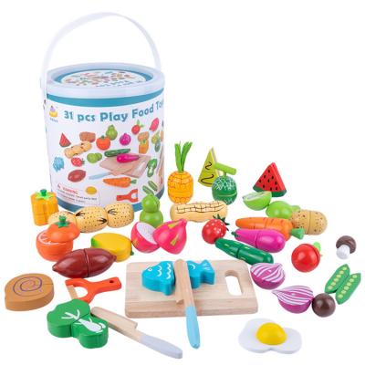 China Eco-Friendly Non-Toxic Montessori Pretend Play 31Pcs Kitchen Multifunctional Fruits And Vegetables Slicing Wooden Toy for sale