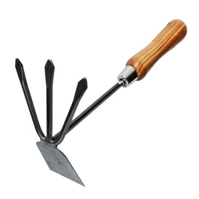 China To reduce labor and convenient to use multi-functional wooden double handle cultivator gardening weeding hoe with 3 tines fork for sale