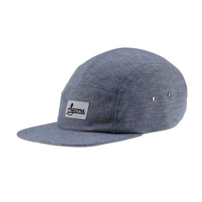 China Denim Five Panel Camp Hat With Woven Label On The Front And Leather Strap for sale