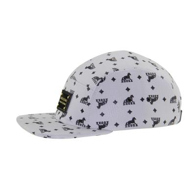 China Printed PU 5 Panel Camp Hat With Metal Badge Logo And Leather Strap for sale