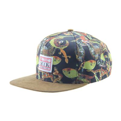 China Custom Printing Camp Snapback 5 Panel Cap With Suede Visor / Leather Strap for sale