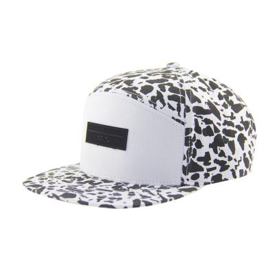 China Fashion Allover Print 5 Panel Camp Caps With Leather Patch Embossed Logo On Front for sale