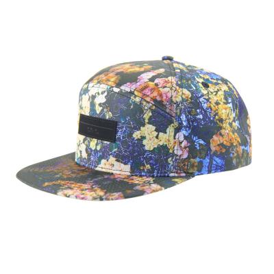 China 100% polyester 7 Panel Snapback Custom Camp Hat With Leather Patch Logo On Front for sale