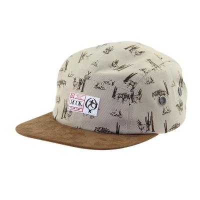 China Suede Peak 5 Panel Camp Caps With Sublimation Printing Crown And Leather Strap for sale