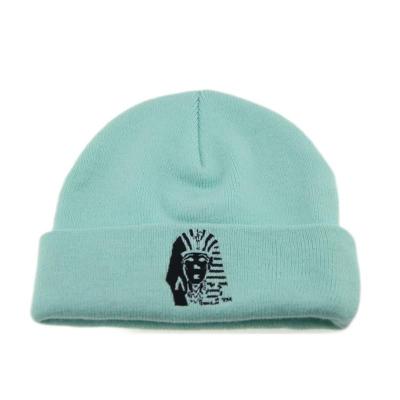 China OEM Embroidery Light Blue Women'S Cuff Beanie Hats Warm Knitted Hat for sale