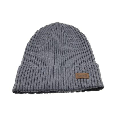 China Customizable Grey Knit Cuffed Beanie Hat With Leather Patch Logo for sale