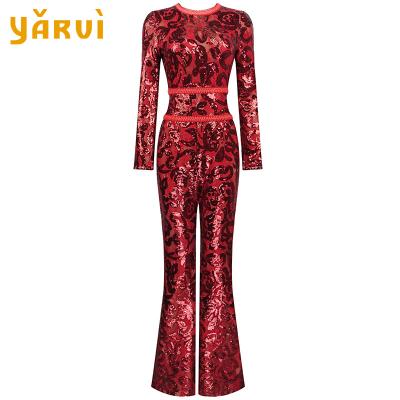 China European and American retro anti-pilling pants fashion sequin lace pants strip long sleeves slim fit flared pants ladies one-piece pants for sale