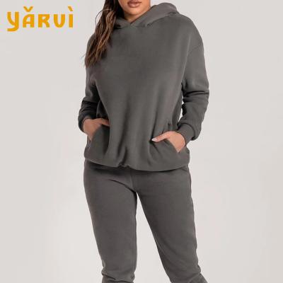 China 2021 Top Selling Anti-Wrinkle High Quality Round Neck Sweatshirt Women's Sweatshirt And Sweatpants Set Dark Gray for sale