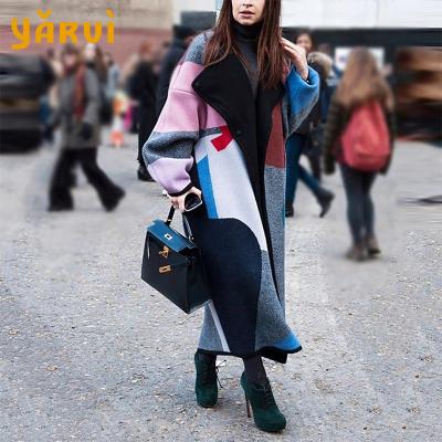 China Digital Printing Color-blocking Lapel Coat Fashion Anti-wrinkle Double-Sided Woolen Jacket Ladies Casual Loose Woolen Coat for sale