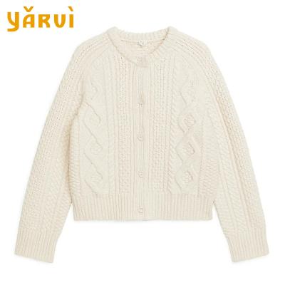 China Anti-wrinkle fashion ladies cable knit wool cardigan comfortable soft round neck knitted cardigan for sale