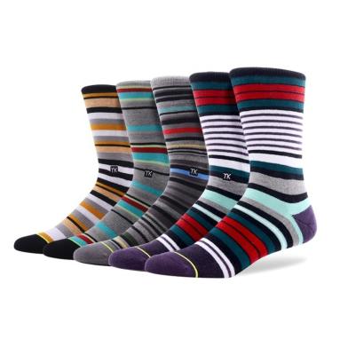 China Sustainable Mid Combed Cotton Calf Sock Half Terry Design Skateboarding Men Sports Crew Striped Socks For Men for sale