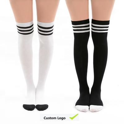 China Wholesale Custom Breathable Apparel Breathable Knit Cotton Women's Long Thigh High White and Black Striped Combed Knee High Socks for sale