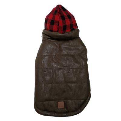 China BOKHOUSE Stocked Luxury Dog Clothes Wholesale Red Plaid Brown Hooded Leather Jacket For Dogs Clothes for sale