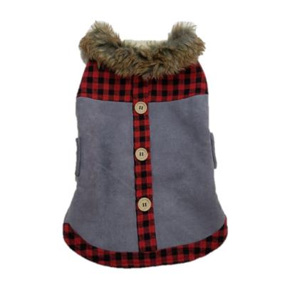 China BOKHOUSE Logo Dog Wear Clothing Designer Suede Fabric Quilting Sustainable Fur Collar Plaid Pet Clothes Jacket For Dogs for sale