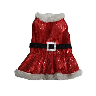 China BOKHOUSE Red Stocked Pet Christmas Transformation Dress Santa Claus Sequins Glitter Shiny Clothes Classic For Dogs for sale