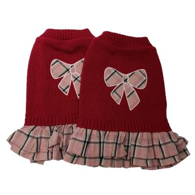 China BOKHOUSE Pet Woolen Fabric Butterfly Pattern Rose Plaid Knitted Prickly Red Dog Cat Sweaters Dress Clothes for sale