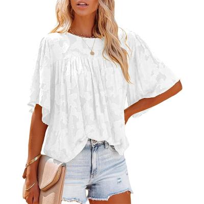 China New 2022 Cute Pleated Trumpet Sleeve Doll Neck Anti-wrinkle Summer Lace Flower Round Shirt Top Women for sale