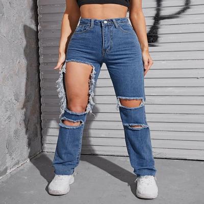 China Color Fade Proof Custom Women Washed Ripped Knee Jeans Ladies Jeans Pants Plus Size for sale