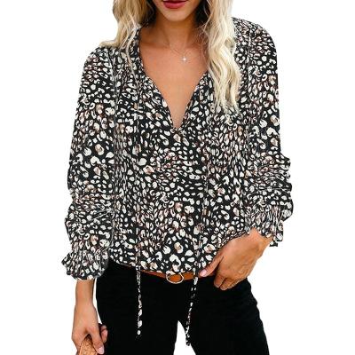 China 2022 New Summer Anti-Wrinkle Floral Print Chiffon V-Neck Shirt Long Sleeve T-shirt Women for sale