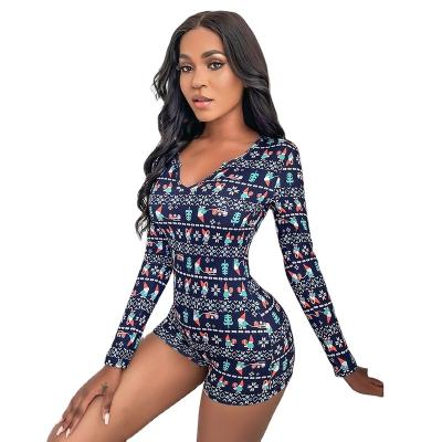 China QUICK DRY sexy print one-piece jumpsuits Christmas fashion women's long sleeve V-neck romper jumpsuit for sale